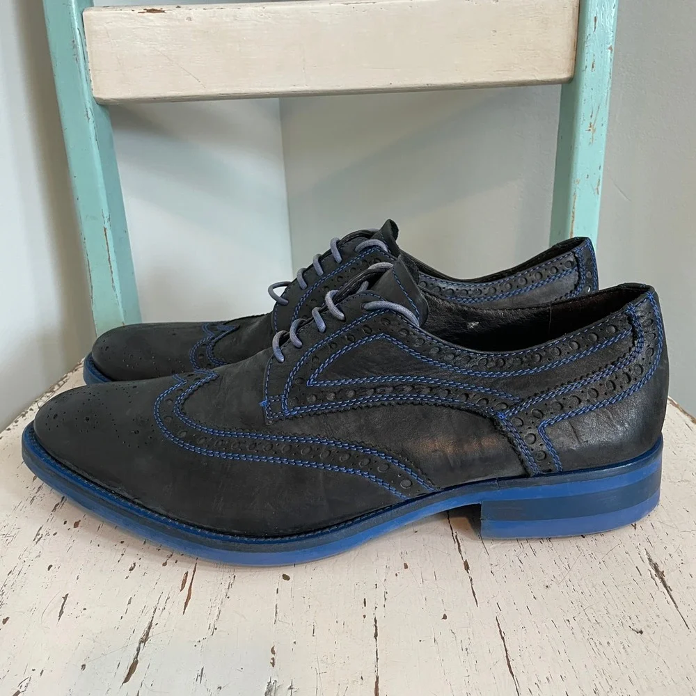 Donald J Pliner Men Black Blue Wingtip Oxford Shoes EMERI 11.5 M Made in Italy